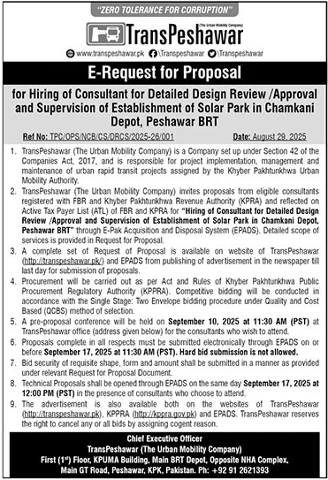 TransPeshawar Tender Notice